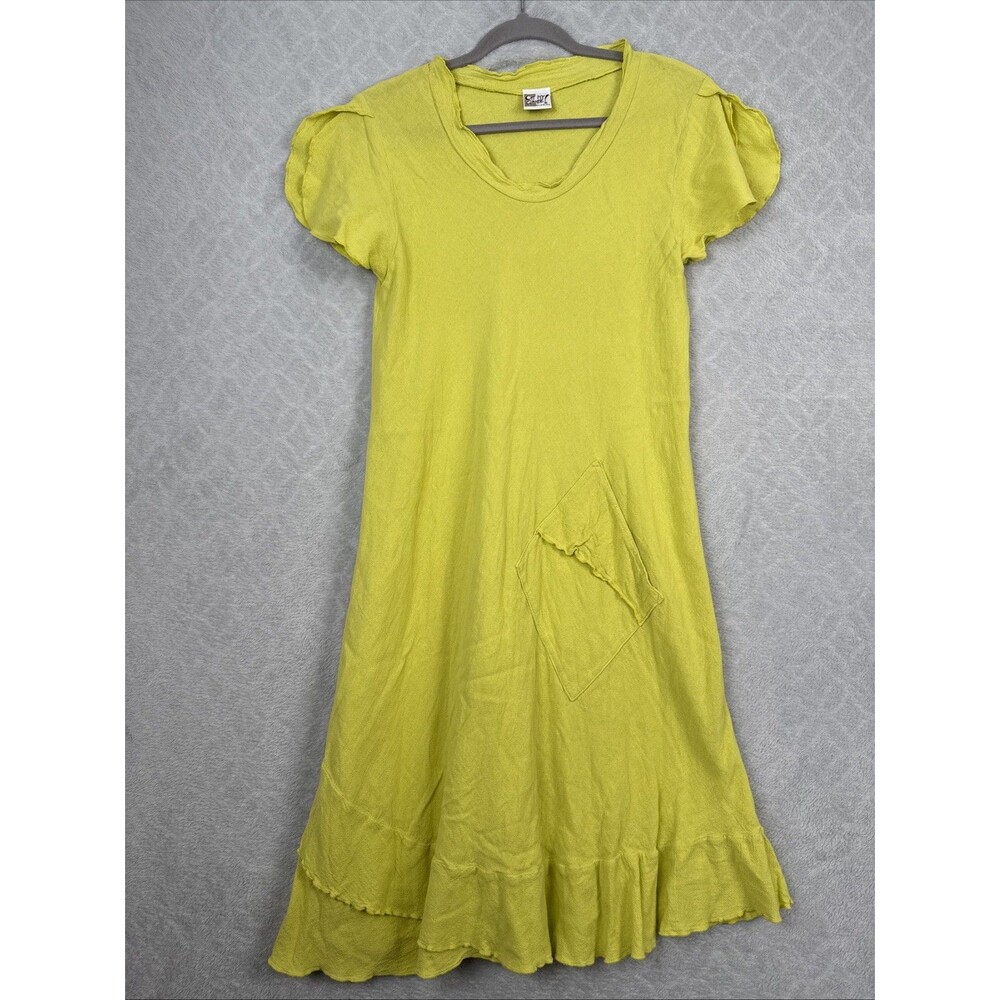Oh My Gauze! LA Cotton Dress Size 1 (S/M) Lime Ruffle Asymmetric Lagenlook Artsy - Picture 2 of 13